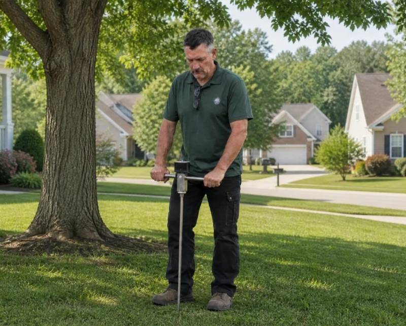 ISA Certified Arborist testing soil compaction near a tree