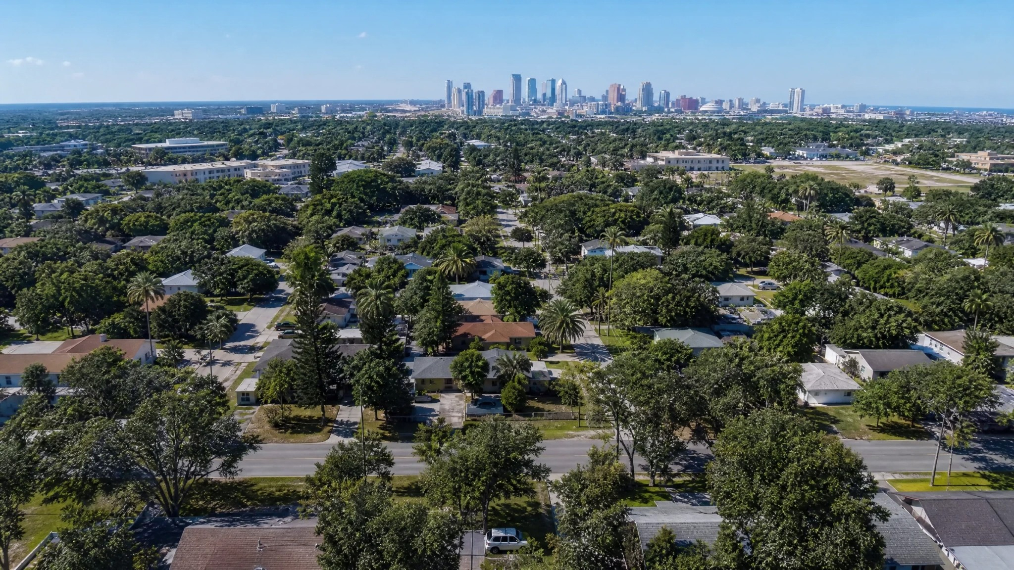 Tampa Skyline with trees in the foreground, representing ArborManagers' tree assessments and arborist consulting services in Tampa, Florida