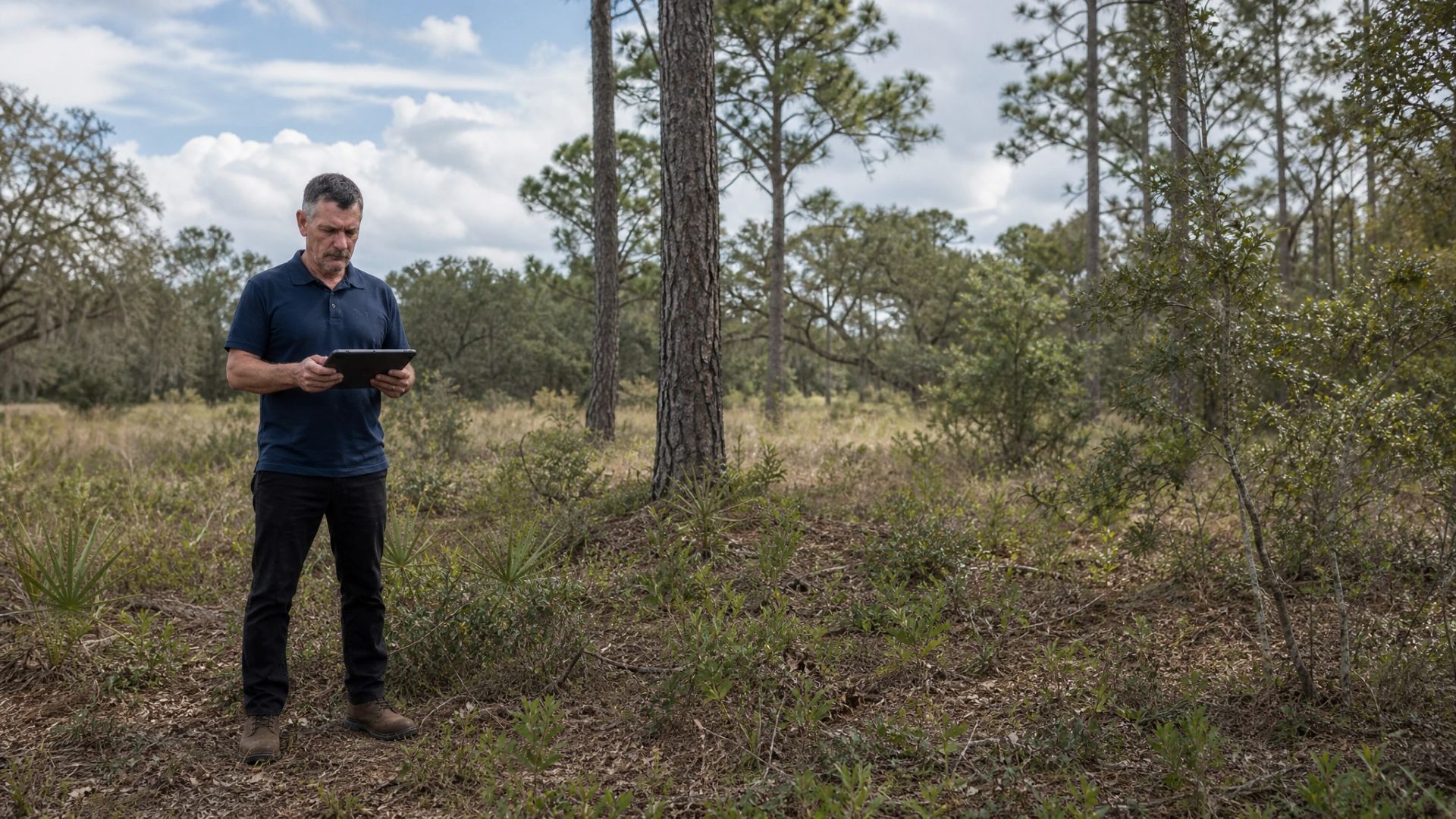 ISA Certified Arborist reviewing tree survey data on a tablet at an undeveloped property in Central Florida